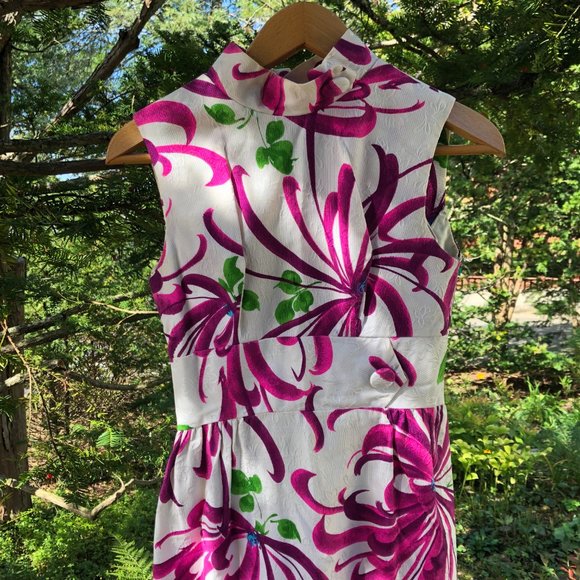 Vintage 60s Evelyn Margolis Hawaiian Floral Barkcloth Formal Maxi Dress XXS/XS - Picture 12 of 17